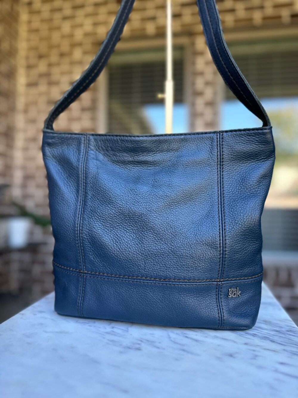 The Sak De Young Genuine Leather Pebbled Leather Shoulder Hobo Bag Navy Blue